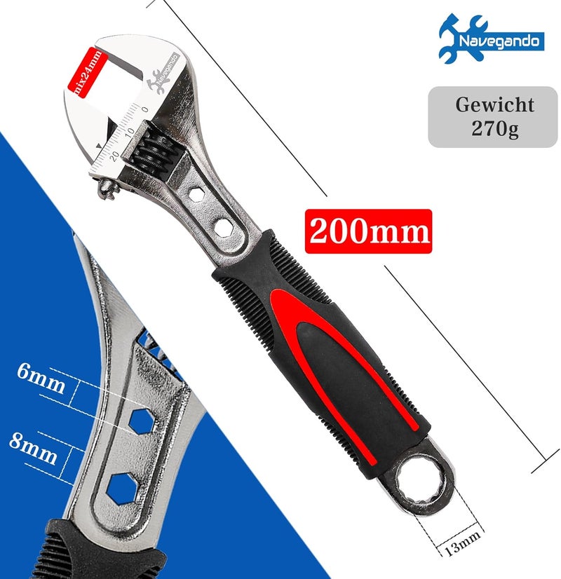 Navegando 8-Inch Adjustable Wrench, High Carbon Steel Adjustable Spanner, Compact Design for Tight Spaces, Non-Slip Grip, Fits M6 to M16 Bolts (6-24mm Nuts), for Plumbing, Automotive & DIY - Image 2